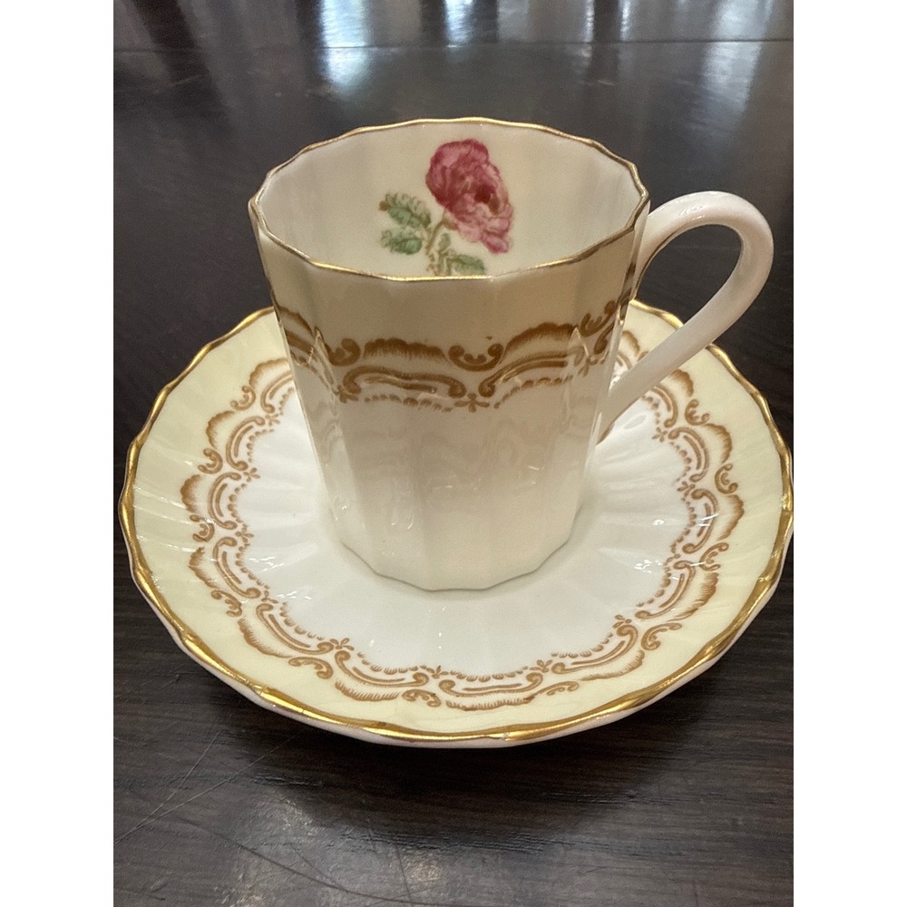 Royal Worcester Cromwell Teacup and Saucerโ Set Gold Gilt Pink Rose Bone China